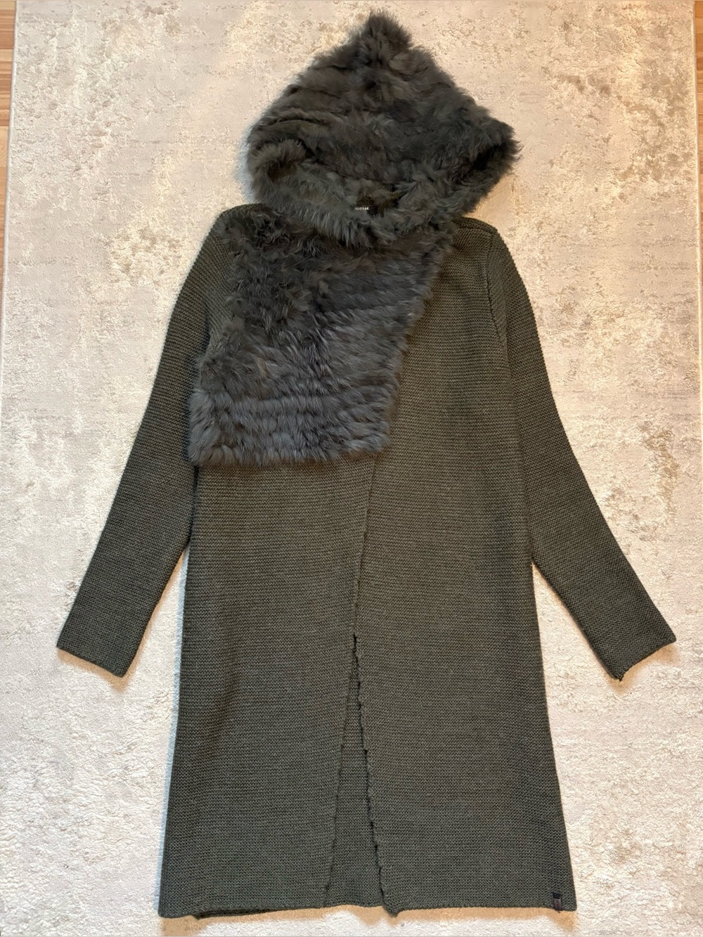 RUDSAK Olive Green Knit Longline Cardigan Real Fur Hood Duster Size Medium - Picture 4 of 16